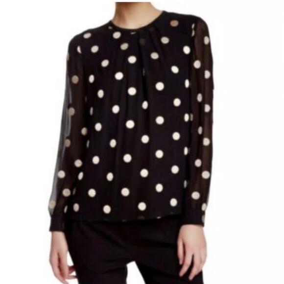 Kate Spade Pullover Silk Blouse Embroidered Polka Dots Black Tan Size 0 Designer - Picture 1 of 8